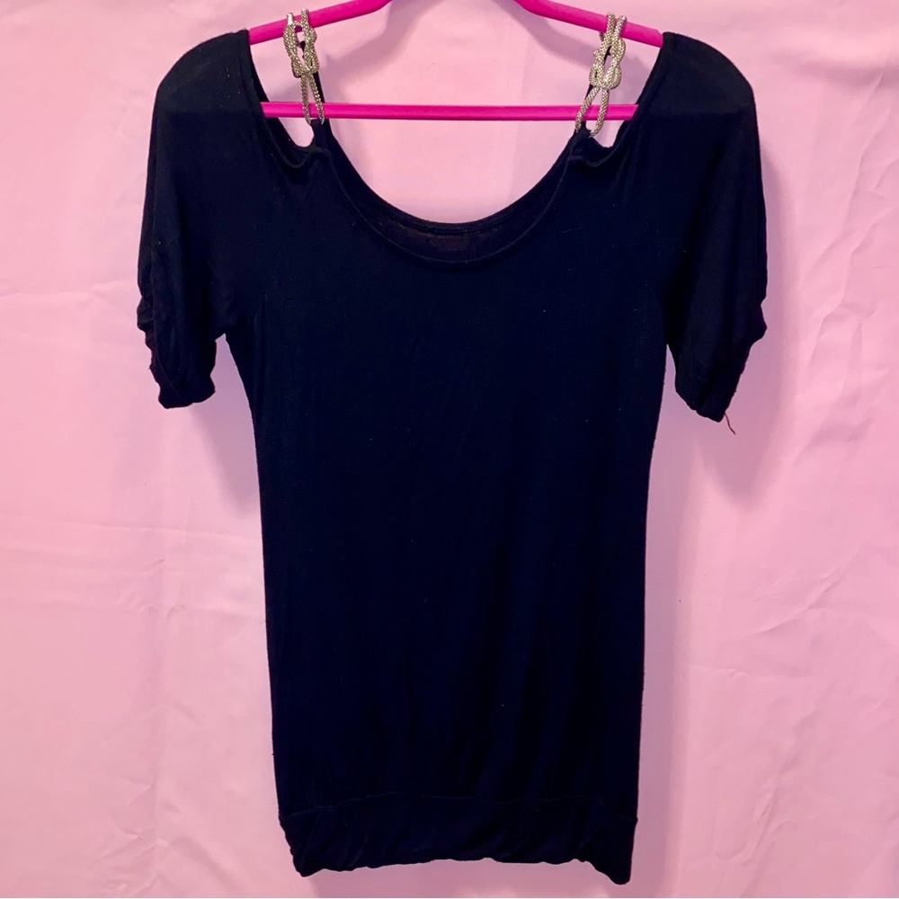 Black Top & Silver Mesh Chain Open Shoulder Short Sleeve Top Rhapsody S Small